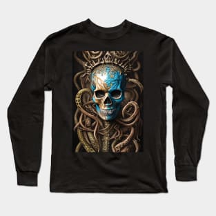 Blue and Gold Skull | Skull and Tentacles Artwork | Armored Skull | Dystopian Skull | Warrior Skull Long Sleeve T-Shirt